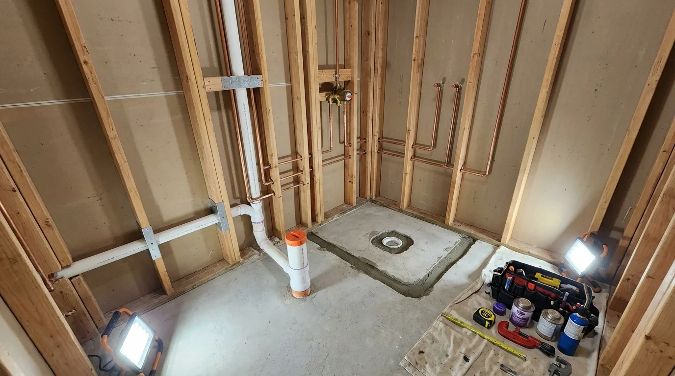 Bathroom rough-in plumbing during remodel by Johns Plumbing LLC in College Place