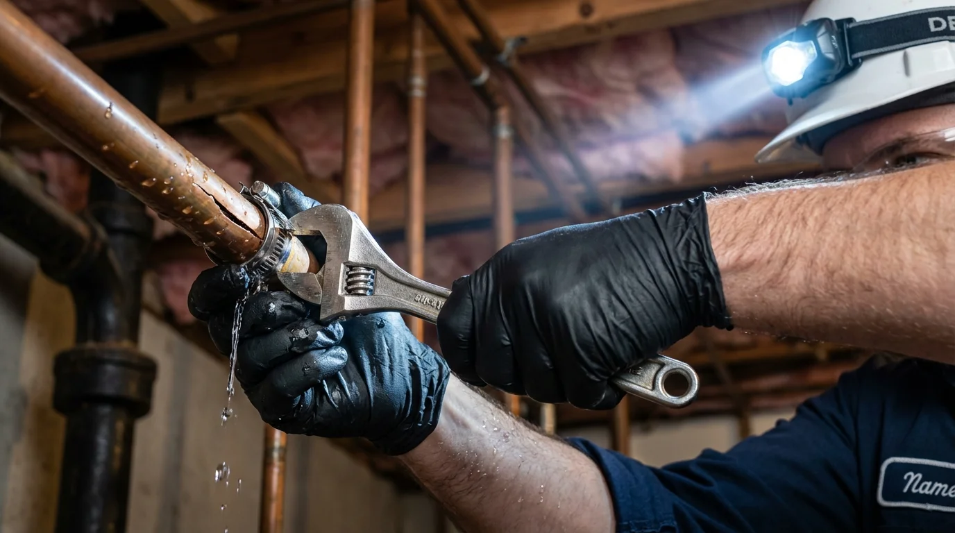 Emergency pipe clamp repair being performed by a Johns Plumbing LLC plumber in College Place