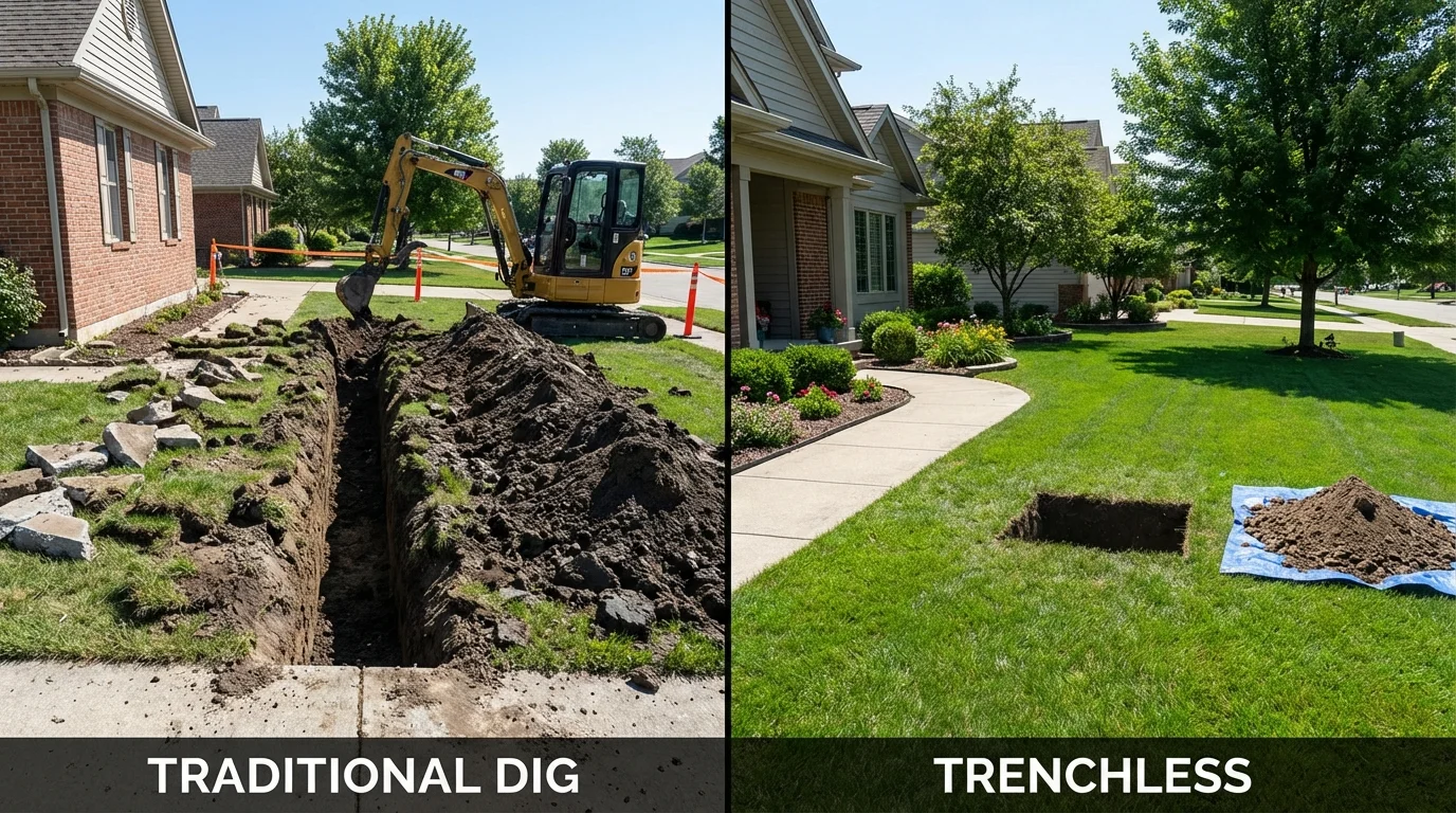 Trenchless sewer repair with minimal yard damage versus traditional excavation in College Place, WA