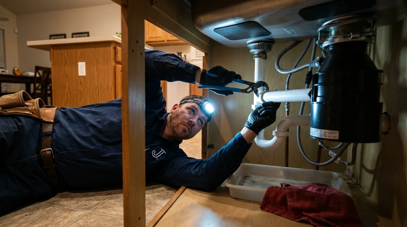 P-trap and supply line connections under a kitchen sink showing a common leak point in College Place, WA